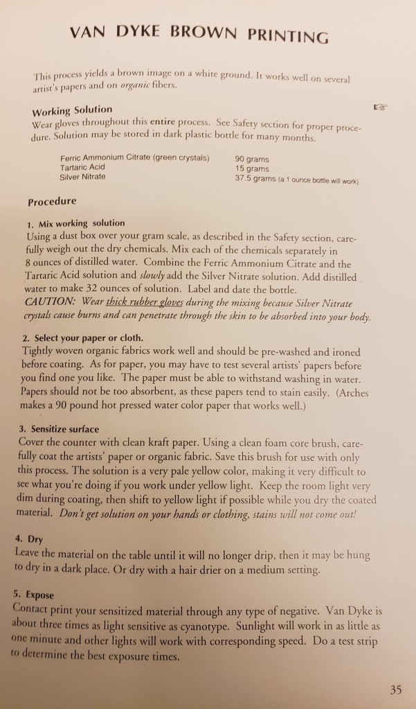 Page 35 from Bea Nettles' "Photo Media Cook Book," describing the process for "Van Dyke Brown Printing."